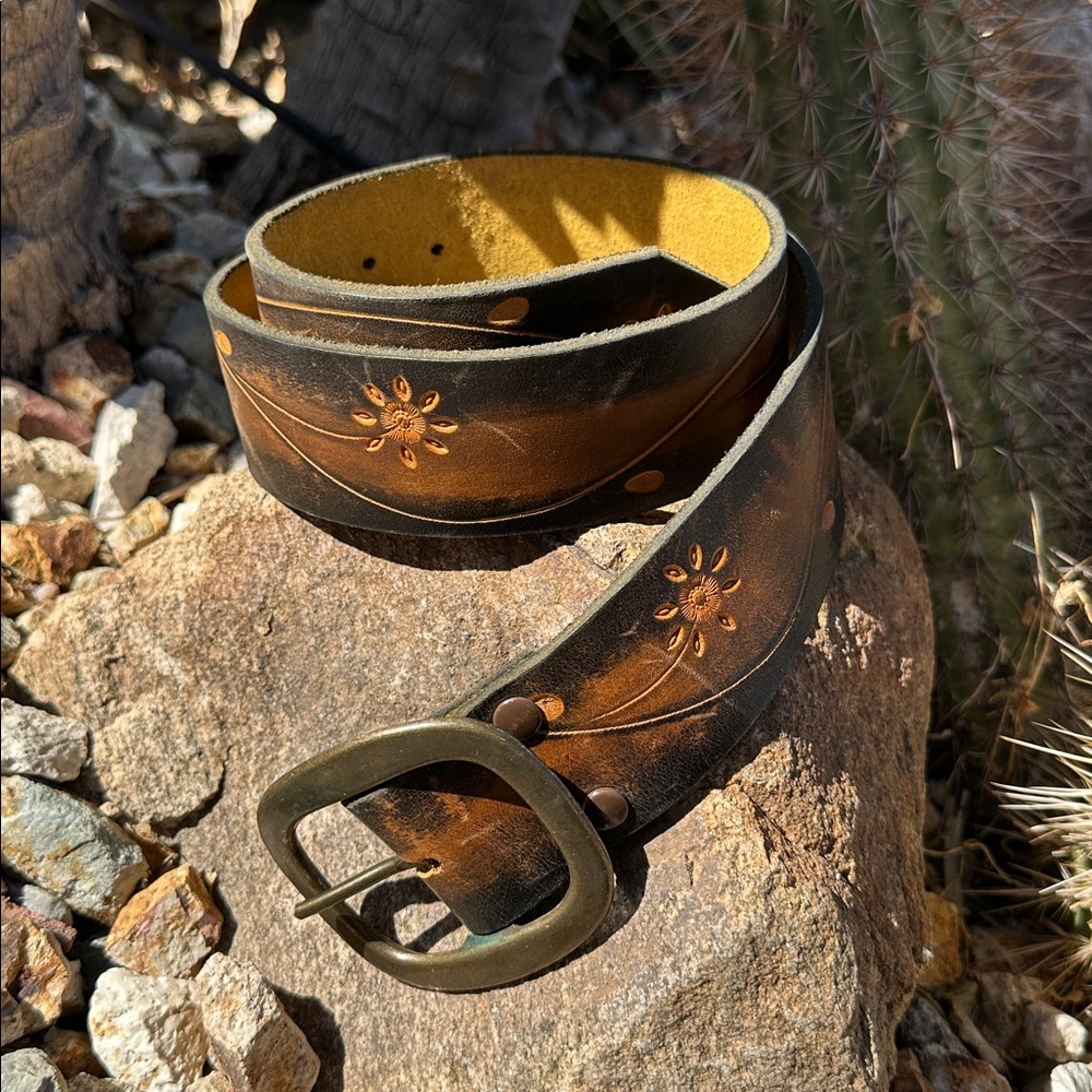 Brown Leather Belt with Floral Design